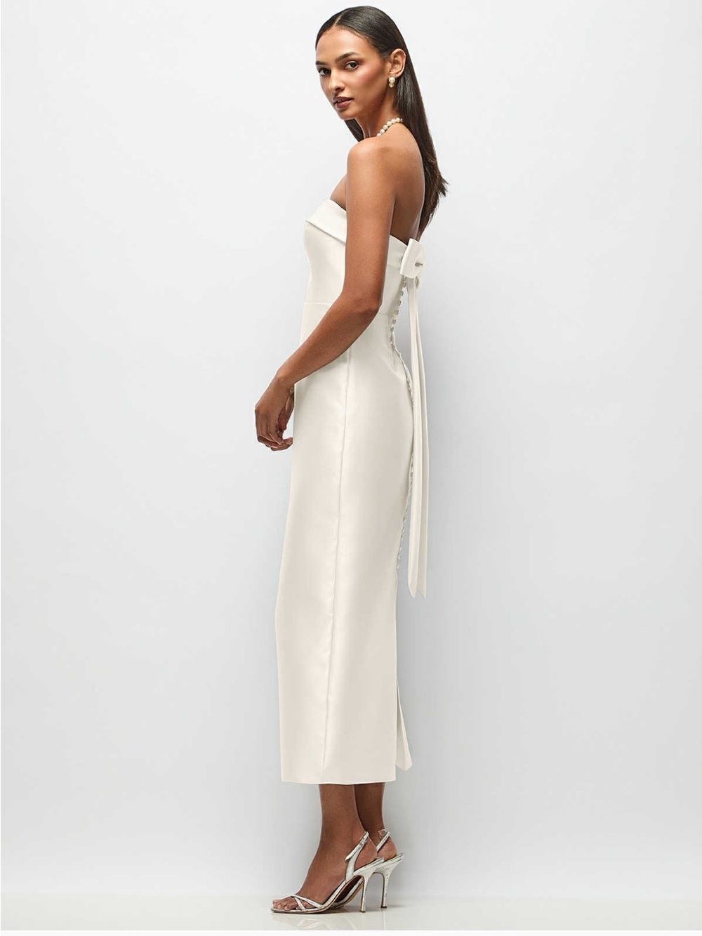 Dessy Strapless ivory White Sheath Dress with back bow & buttons - NWT